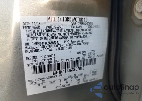 2006 Mercury Montego Luxury from USA, damaged, VIN 1MEHM411X6G607043